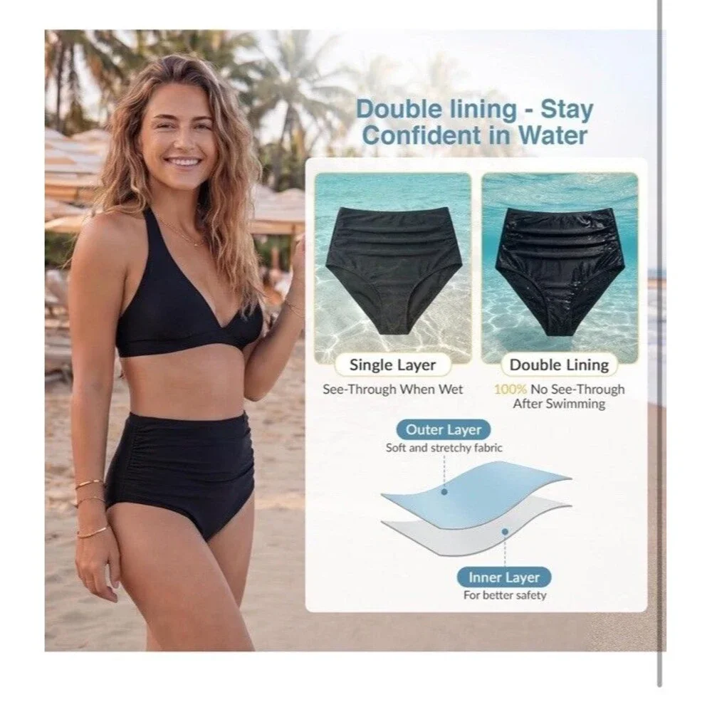 Womens High Waisted Bikini Bottoms Tummy Control Swim Bottom Ruched Full Cove...